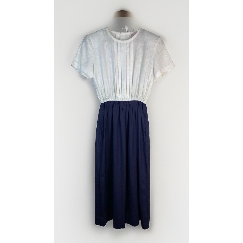 Vintage Petite Lanz Women's S Blue White Pleated Midi Dress